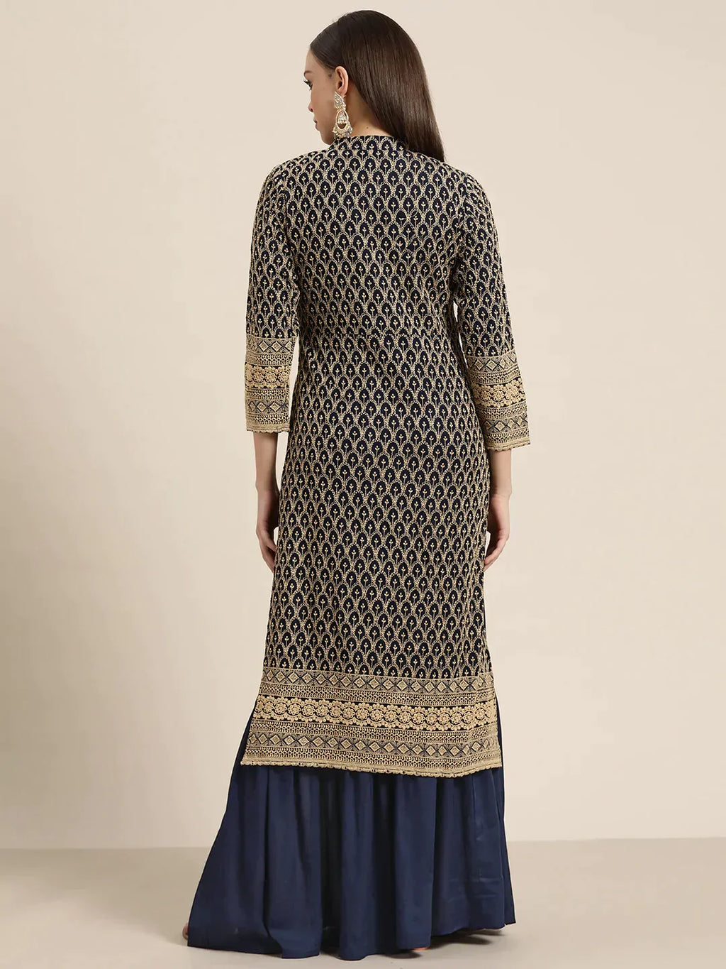 Jompers Women's Navy Embroidered Kurta with Sharara - Navy Blue | Grocsy
