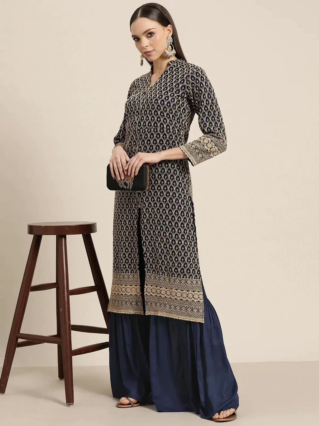 Jompers Women's Navy Embroidered Kurta with Sharara - Navy Blue | Grocsy