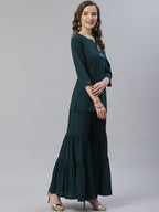 Jompers Women Green & Golden Solid Kurti with Sharara & Woven Design Dupatta | Grocsy
