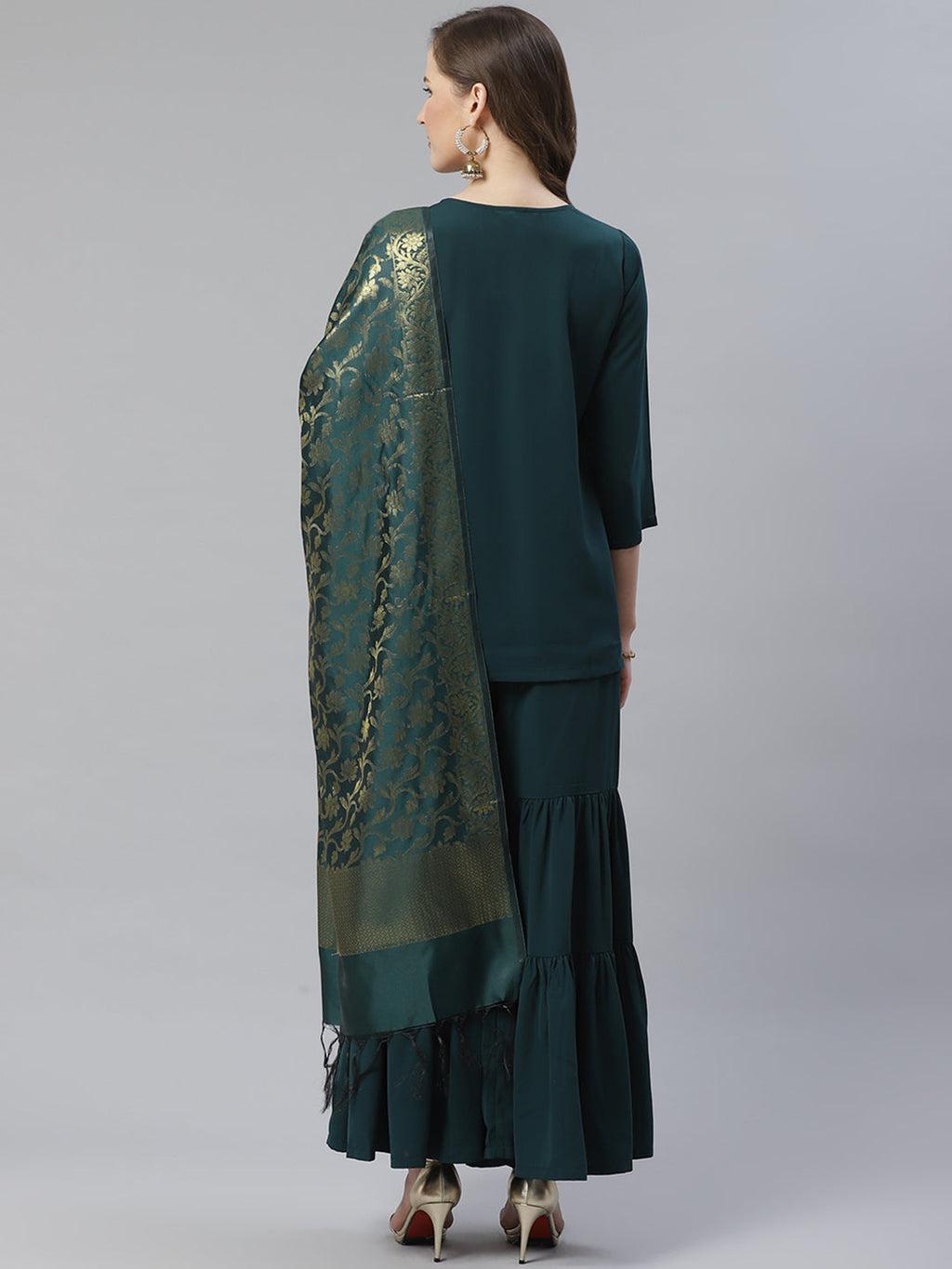 Jompers Women Green & Golden Solid Kurti with Sharara & Woven Design Dupatta | Grocsy