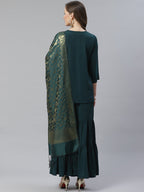 Jompers Women Green & Golden Solid Kurti with Sharara & Woven Design Dupatta | Grocsy