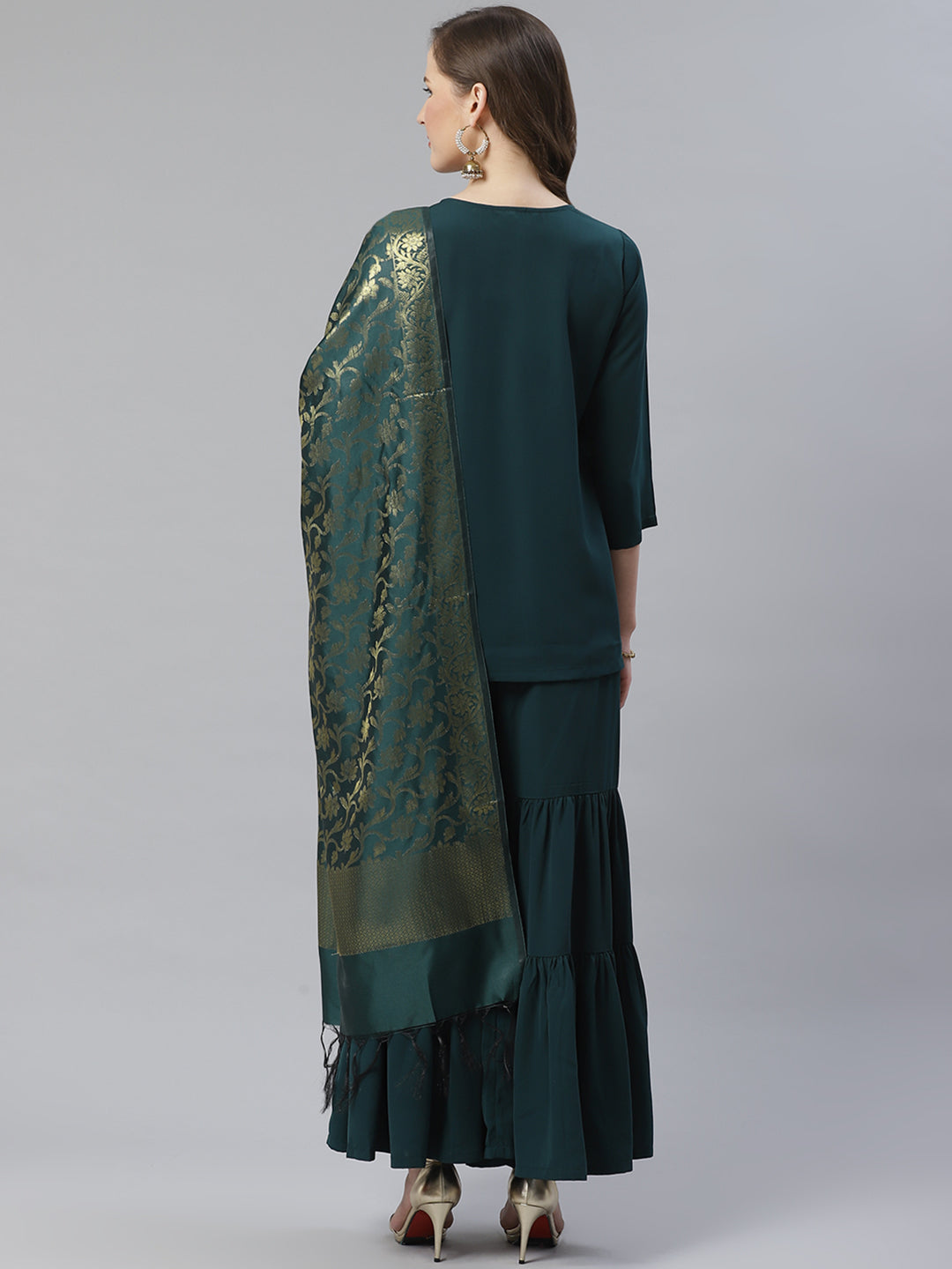 Jompers Women Green & Golden Solid Kurti with Sharara & Woven Design Dupatta | Grocsy