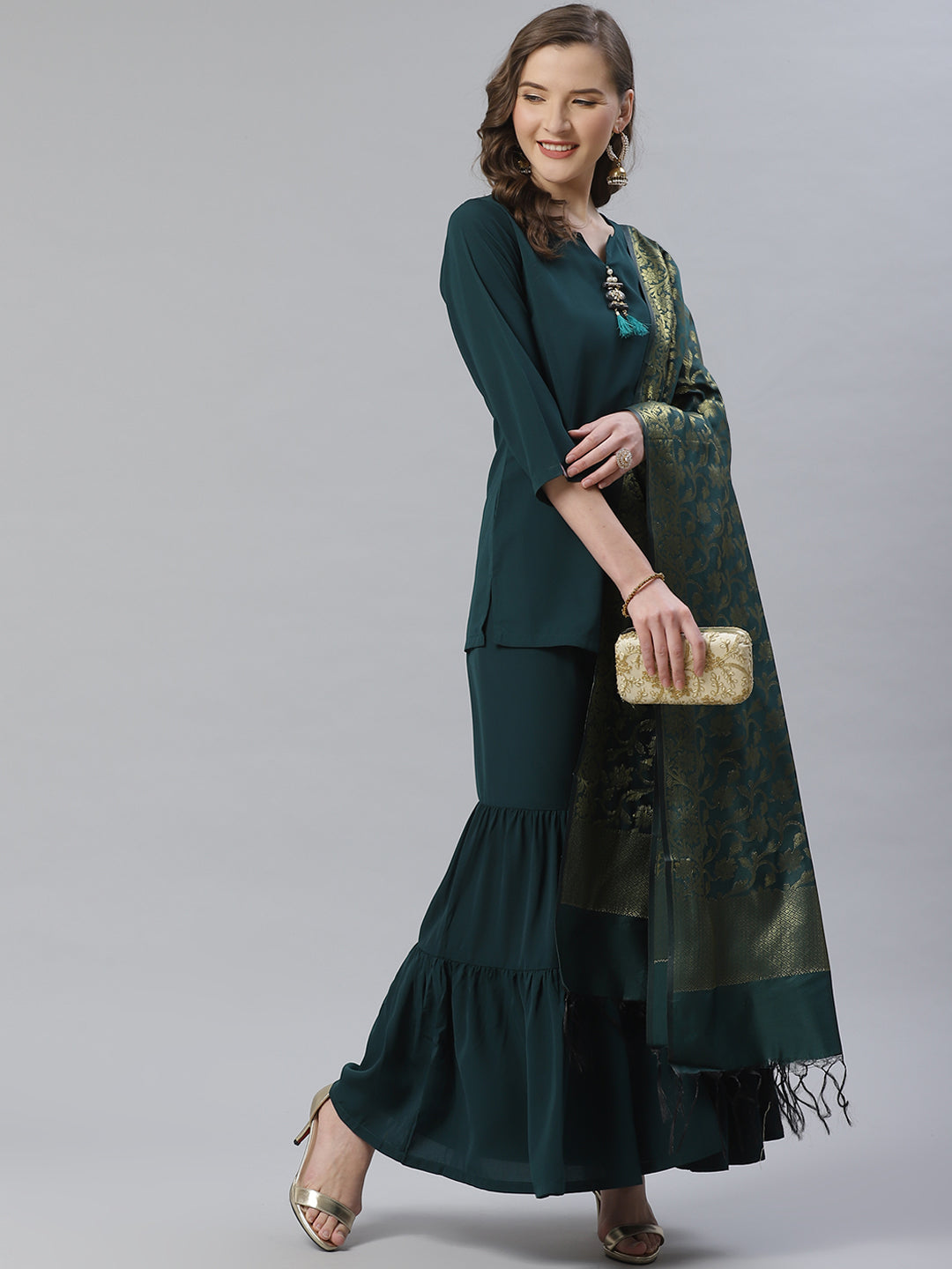 Jompers Women Green & Golden Solid Kurti with Sharara & Woven Design Dupatta | Grocsy