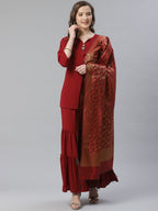 Jompers Women Maroon & Golden Solid Kurti with Sharara & Woven Design Dupatta | Grocsy