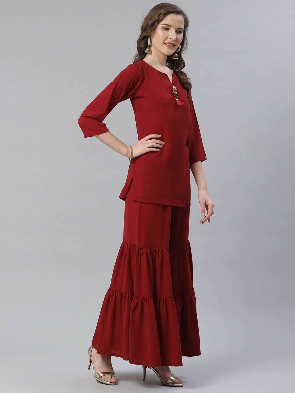 Jompers Women Maroon & Golden Solid Kurti with Sharara & Woven Design Dupatta | Grocsy