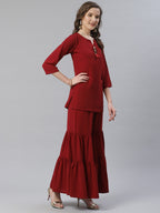 Jompers Women Maroon & Golden Solid Kurti with Sharara & Woven Design Dupatta | Grocsy