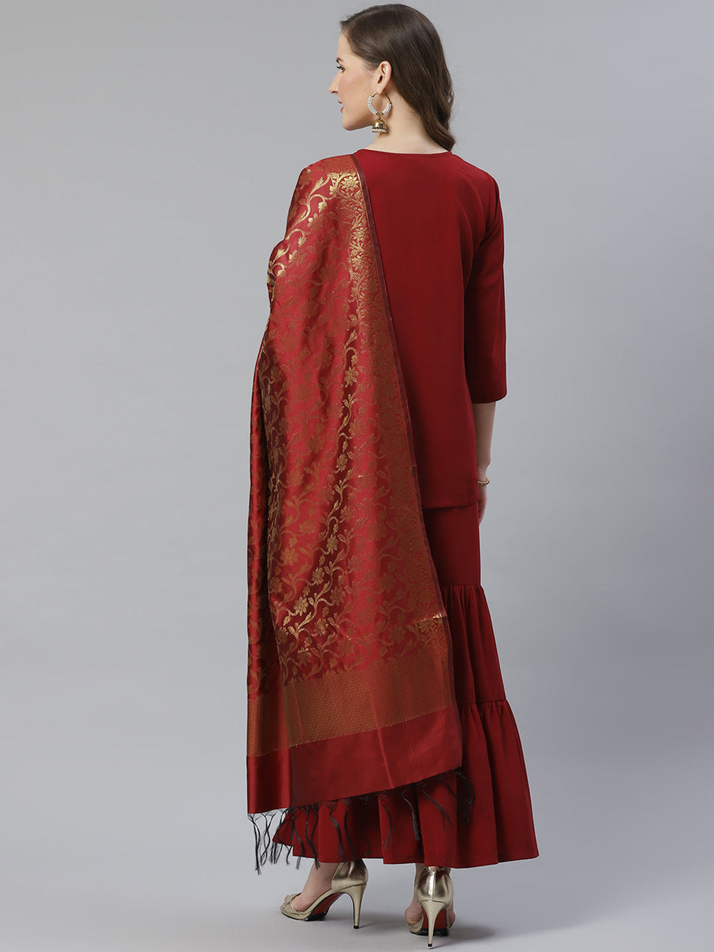 Jompers Women Maroon & Golden Solid Kurti with Sharara & Woven Design Dupatta | Grocsy