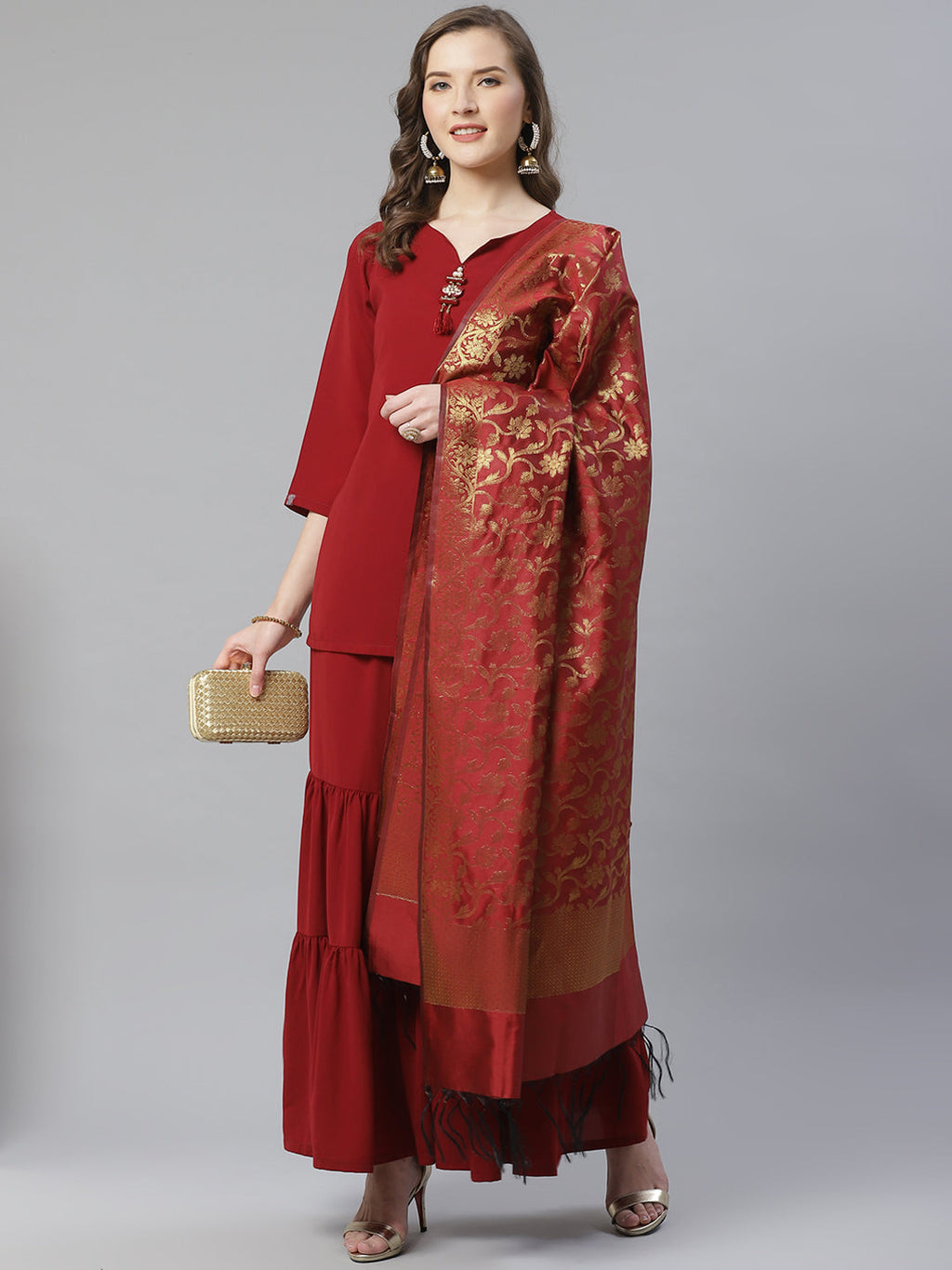 Jompers Women Maroon & Golden Solid Kurti with Sharara & Woven Design Dupatta | Grocsy