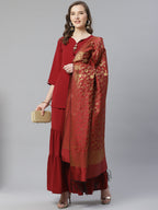 Jompers Women Maroon & Golden Solid Kurti with Sharara & Woven Design Dupatta | Grocsy
