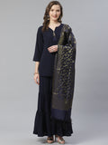 Jompers Women Navy Blue & Golden Solid Kurti with Sharara & Woven Design Dupatta | Grocsy