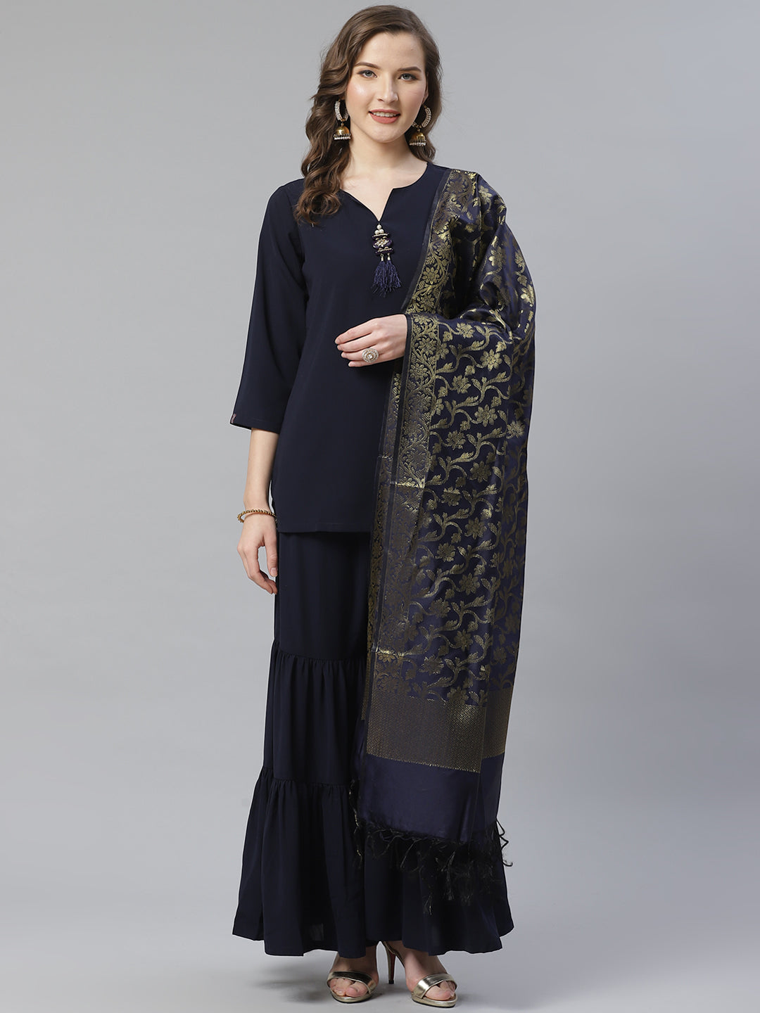 Jompers Women Navy Blue & Golden Solid Kurti with Sharara & Woven Design Dupatta | Grocsy