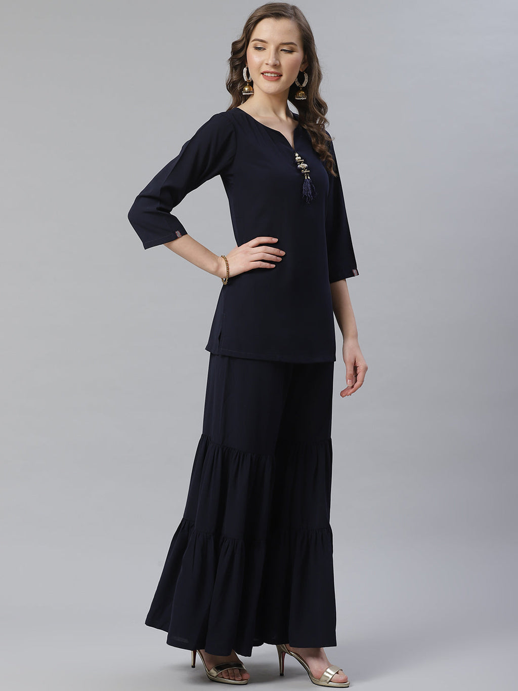 Jompers Women Navy Blue & Golden Solid Kurti with Sharara & Woven Design Dupatta | Grocsy