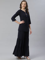 Jompers Women Navy Blue & Golden Solid Kurti with Sharara & Woven Design Dupatta | Grocsy