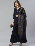 Jompers Women Navy Blue & Golden Solid Kurti with Sharara & Woven Design Dupatta | Grocsy