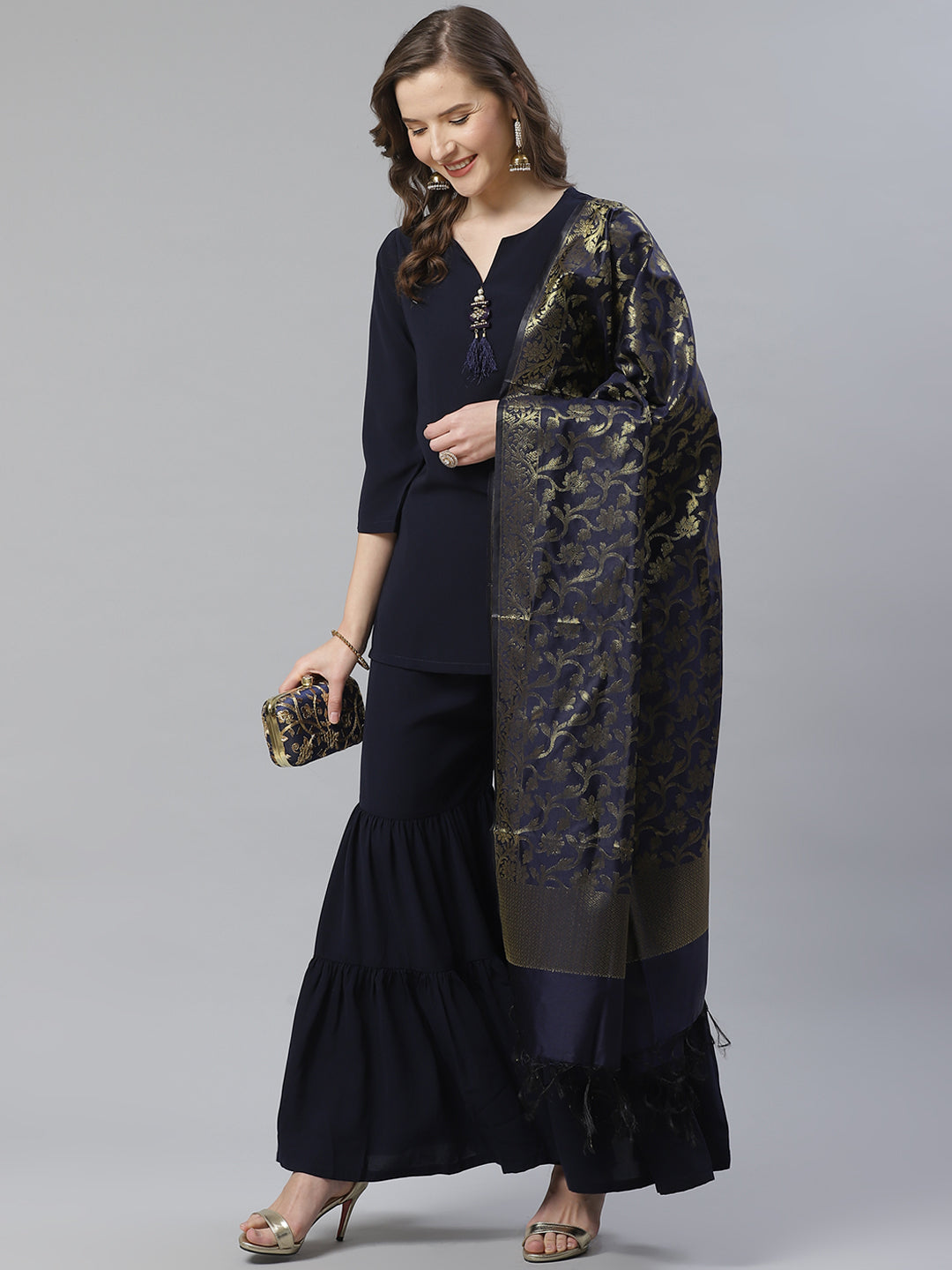 Jompers Women Navy Blue & Golden Solid Kurti with Sharara & Woven Design Dupatta | Grocsy