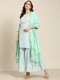 Jompers Women's Turquoise Blue Woven Design Gotta Patti Kurta with Sharara & Dupatta | Grocsy