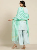 Jompers Women's Turquoise Blue Woven Design Gotta Patti Kurta with Sharara & Dupatta | Grocsy