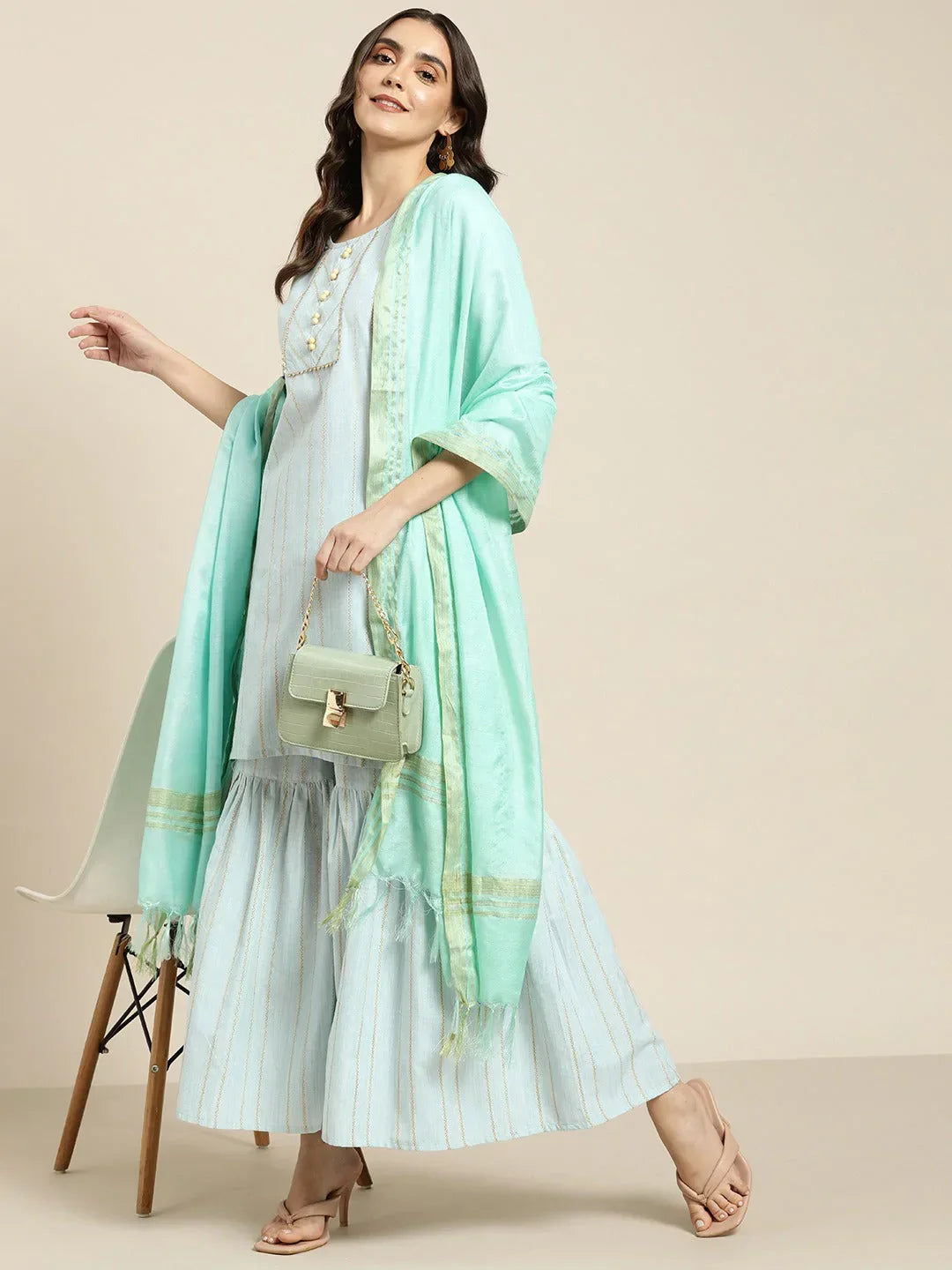 Jompers Women's Turquoise Blue Woven Design Gotta Patti Kurta with Sharara & Dupatta | Grocsy