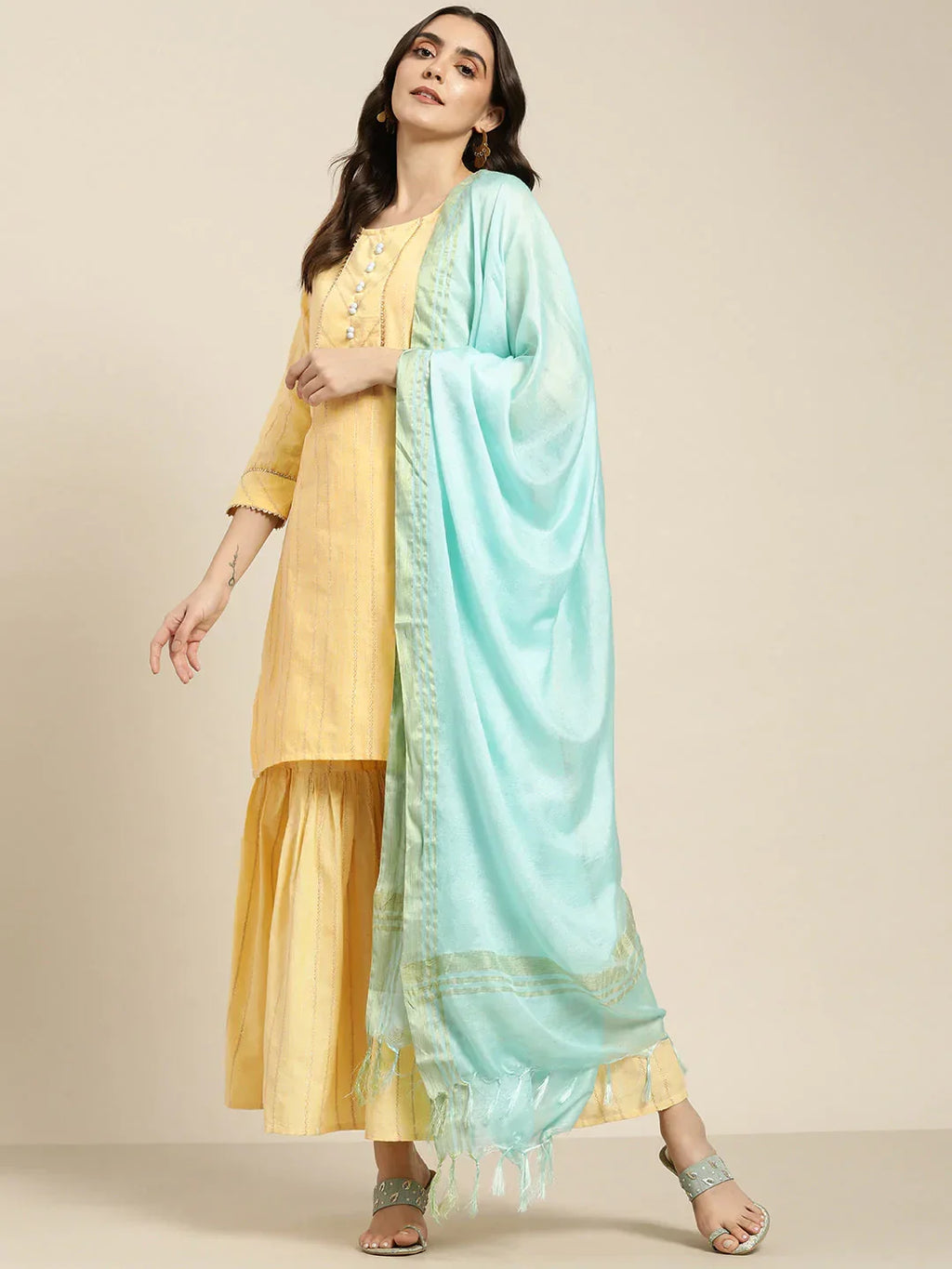 Jompers Women's Yellow Woven Design Gotta Patti Kurta with Sharara & Dupatta | Grocsy