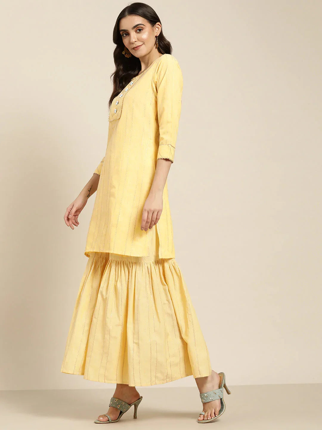 Jompers Women's Yellow Woven Design Gotta Patti Kurta with Sharara & Dupatta | Grocsy
