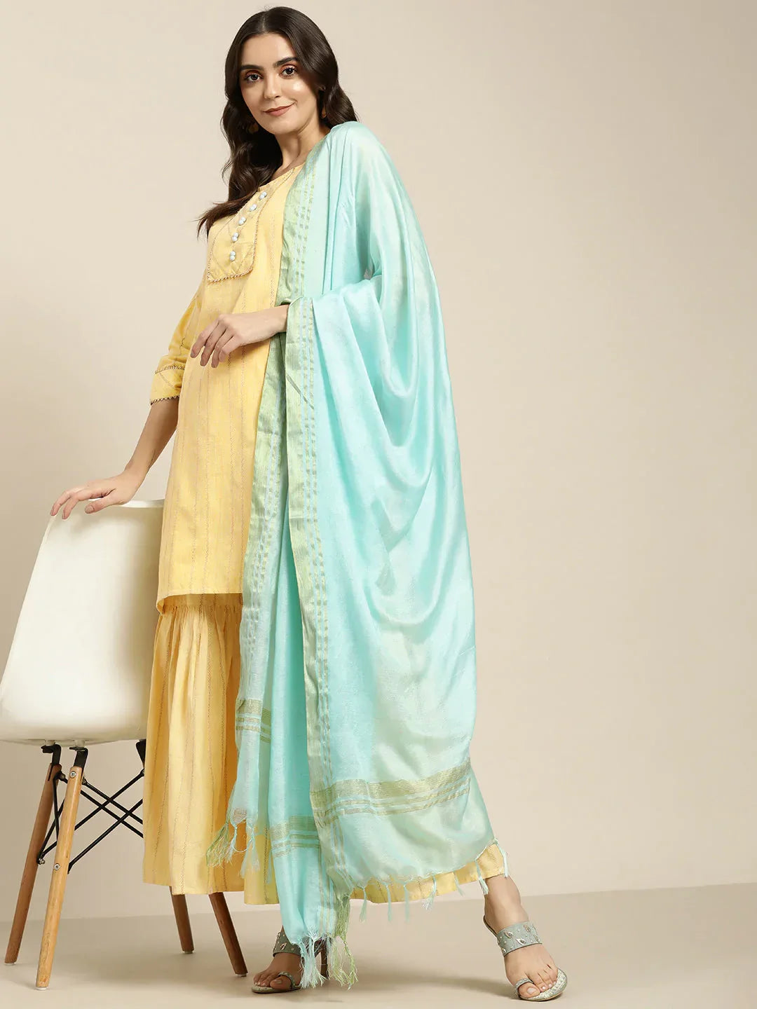 Jompers Women's Yellow Woven Design Gotta Patti Kurta with Sharara & Dupatta | Grocsy