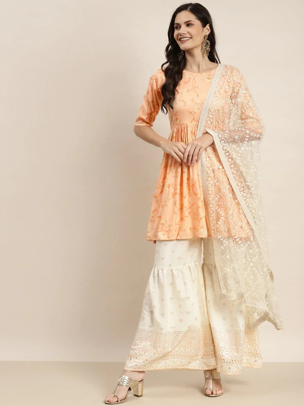 Jompers Women's Orange Kurta with Sharara & Dupatta - Orange | Grocsy