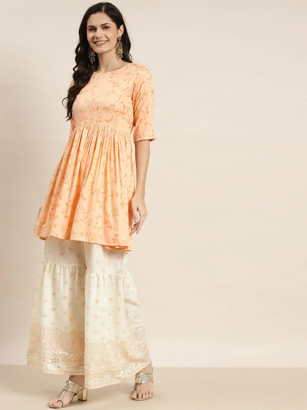 Jompers Women's Orange Kurta with Sharara & Dupatta - Orange | Grocsy