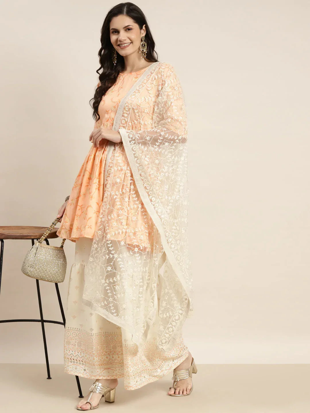 Jompers Women's Orange Kurta with Sharara & Dupatta - Orange | Grocsy