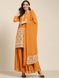 Jompers Women's Orange & Silver Ethnic Motifs Foil Printed Straight Kurta Sharara Dupatta | Grocsy