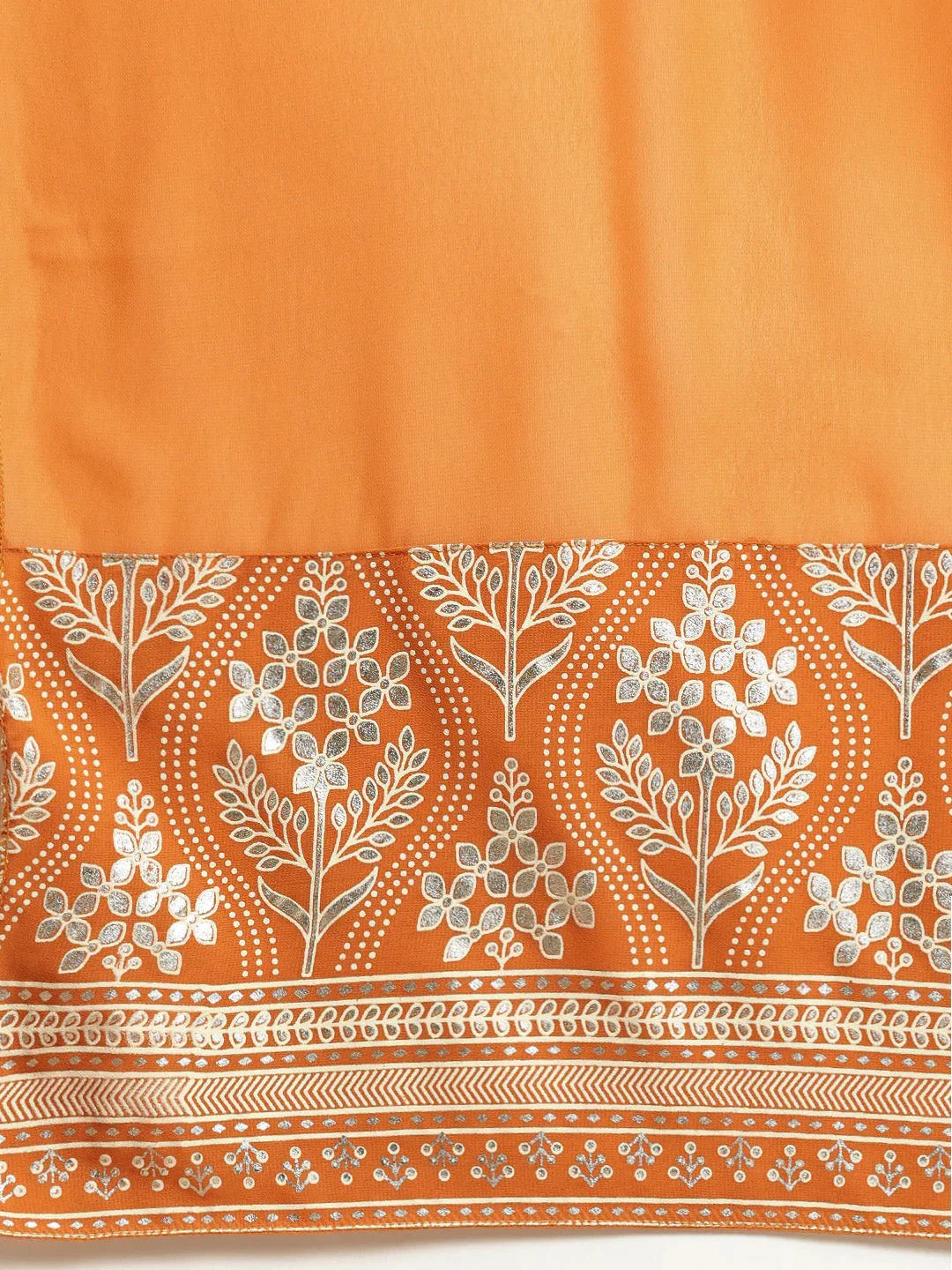 Jompers Women's Orange & Silver Ethnic Motifs Foil Printed Straight Kurta Sharara Dupatta | Grocsy