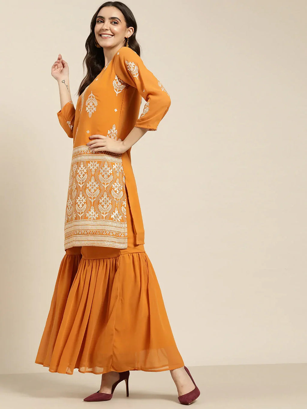 Jompers Women's Orange & Silver Ethnic Motifs Foil Printed Straight Kurta Sharara Dupatta | Grocsy