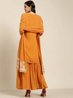 Jompers Women's Orange & Silver Ethnic Motifs Foil Printed Straight Kurta Sharara Dupatta | Grocsy