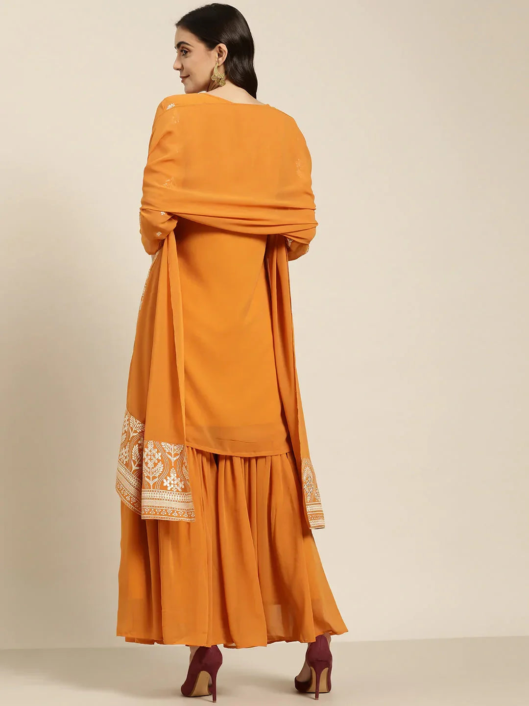 Jompers Women's Orange & Silver Ethnic Motifs Foil Printed Straight Kurta Sharara Dupatta | Grocsy