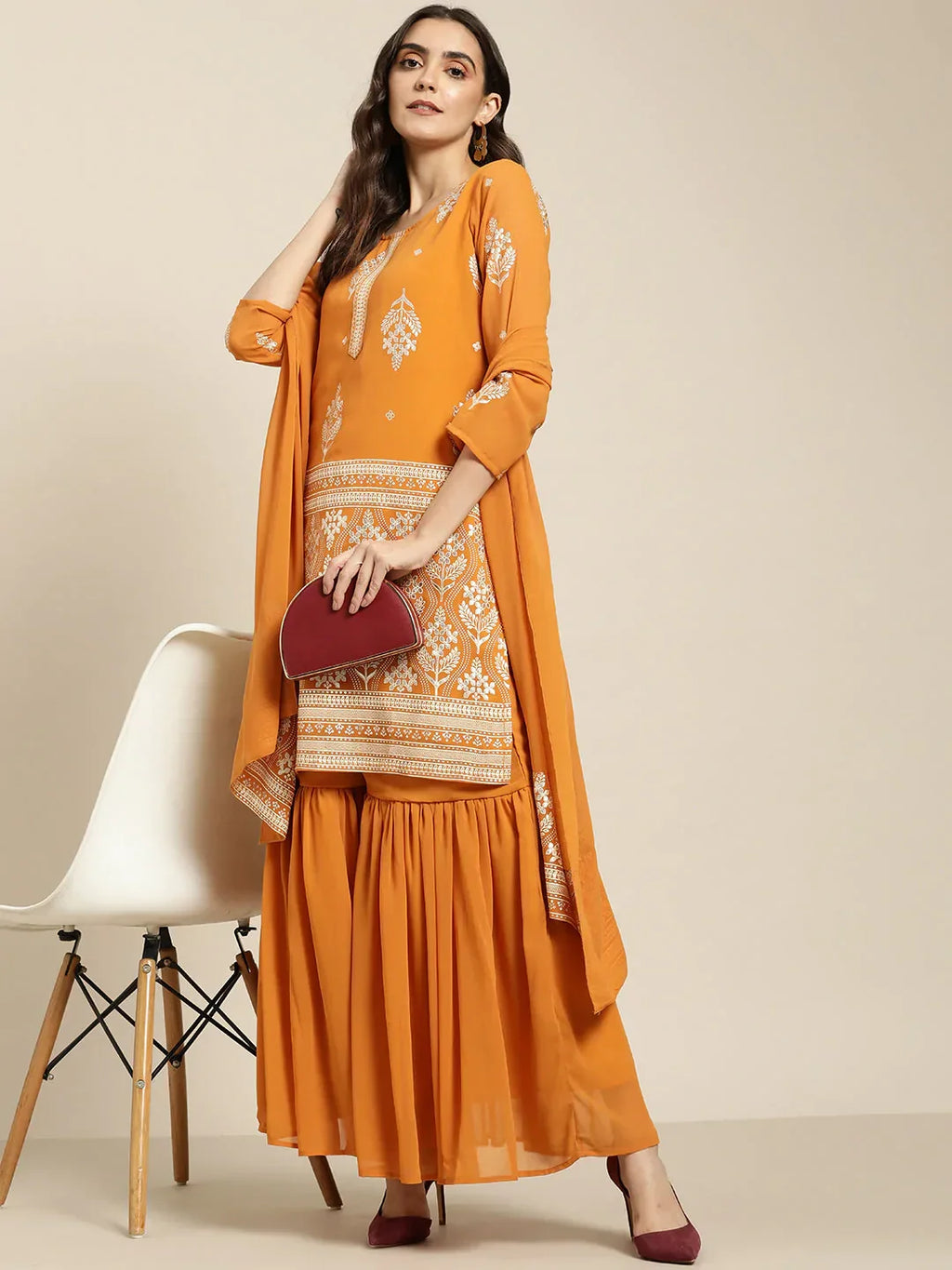 Jompers Women's Orange & Silver Ethnic Motifs Foil Printed Straight Kurta Sharara Dupatta | Grocsy