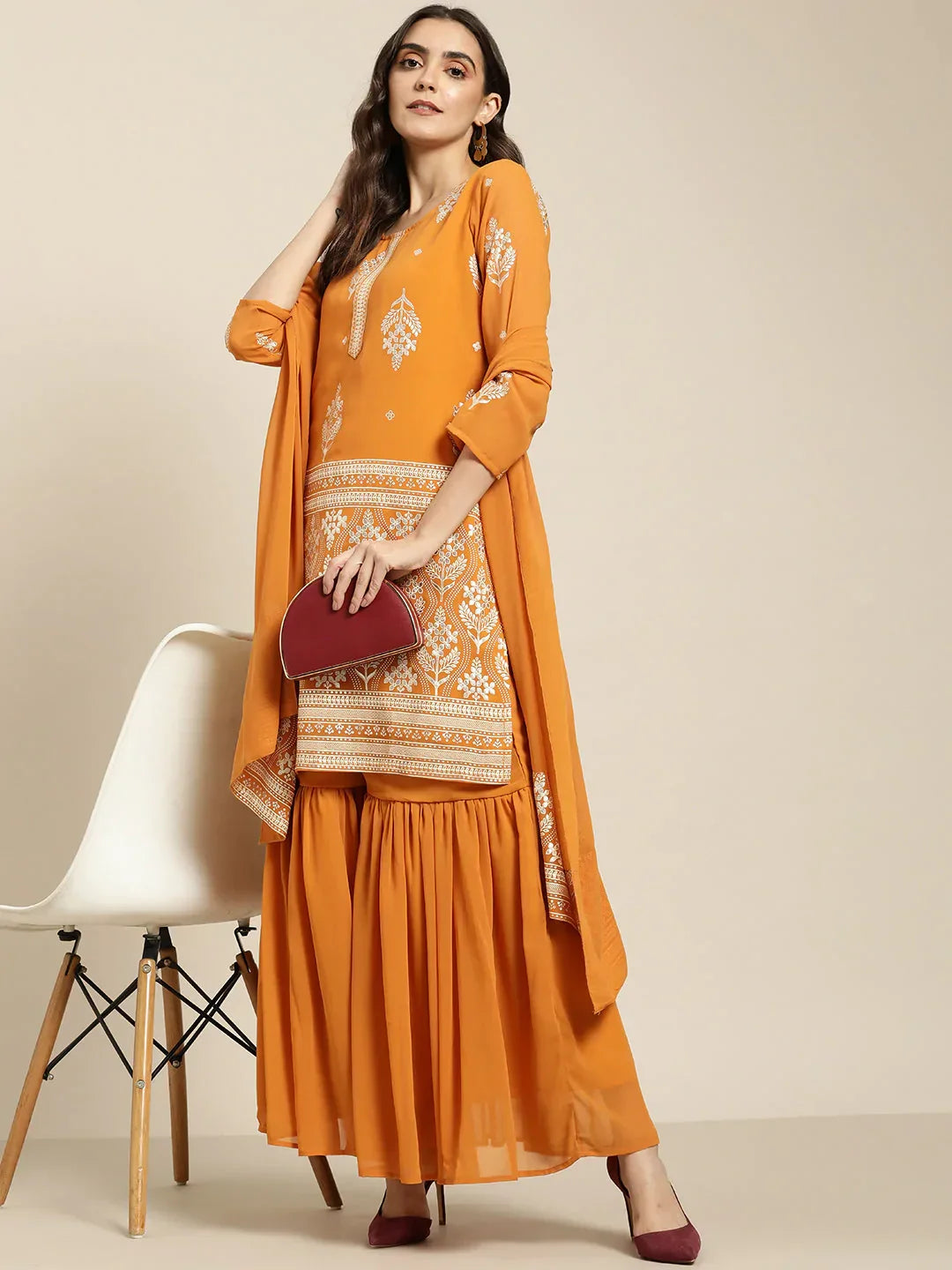 Jompers Women's Orange & Silver Ethnic Motifs Foil Printed Straight Kurta Sharara Dupatta | Grocsy