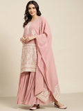 Jompers Women's Pink & Silver Ethnic Motifs Foil Printed Straight Kurta Sharara Dupatta | Grocsy