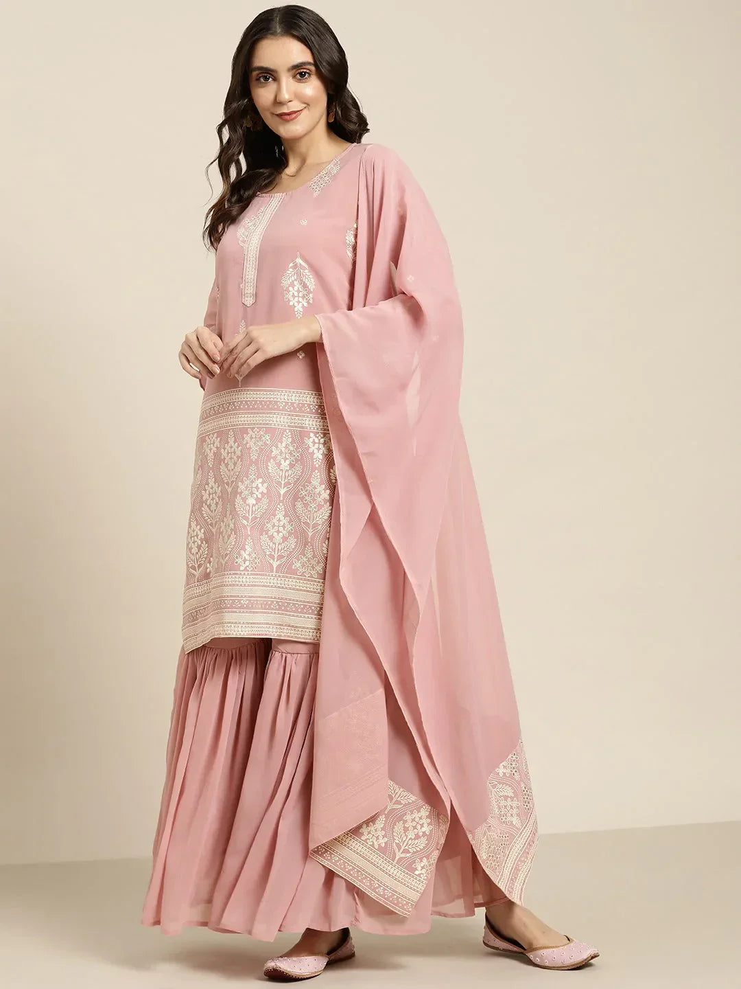 Jompers Women's Pink & Silver Ethnic Motifs Foil Printed Straight Kurta Sharara Dupatta | Grocsy