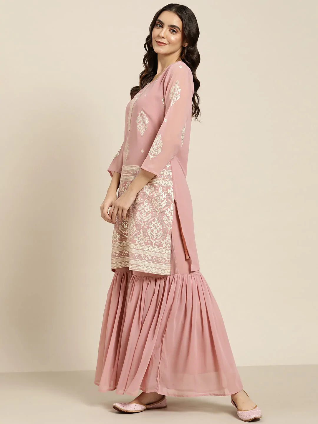 Jompers Women's Pink & Silver Ethnic Motifs Foil Printed Straight Kurta Sharara Dupatta | Grocsy