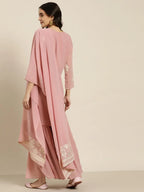 Jompers Women's Pink & Silver Ethnic Motifs Foil Printed Straight Kurta Sharara Dupatta | Grocsy