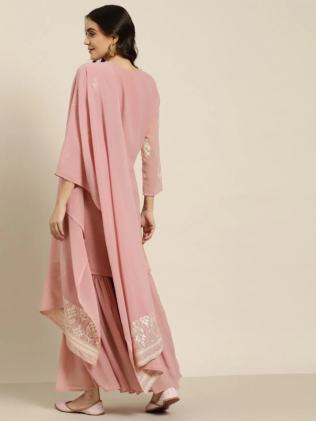 Jompers Women's Pink & Silver Ethnic Motifs Foil Printed Straight Kurta Sharara Dupatta | Grocsy