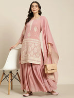Jompers Women's Pink & Silver Ethnic Motifs Foil Printed Straight Kurta Sharara Dupatta | Grocsy