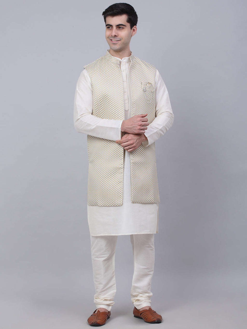Jompers Men's Solid Kurta Pyjama With Shrug Jacket - Beige | Grocsy