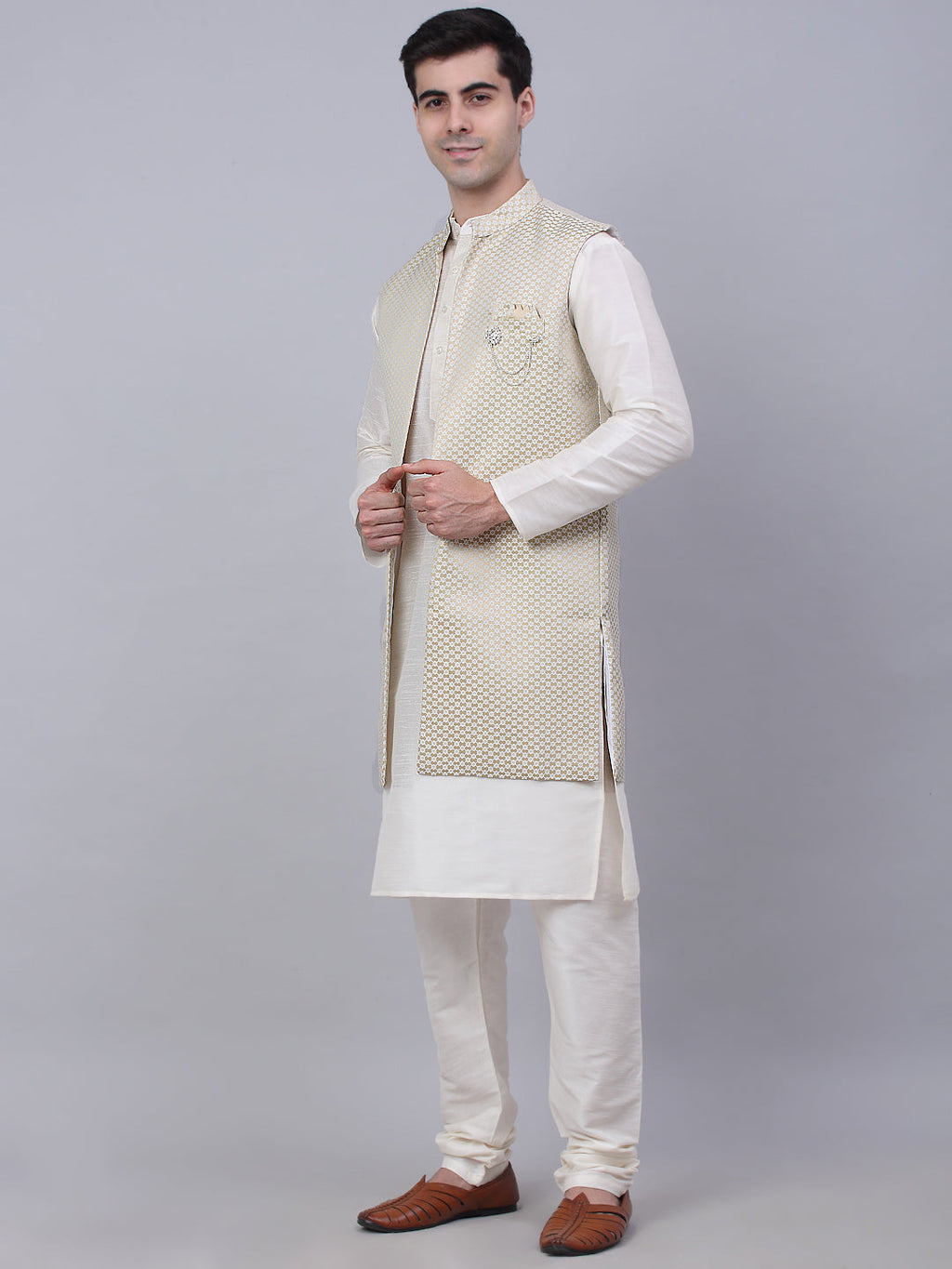 Jompers Men's Solid Kurta Pyjama With Shrug Jacket - Beige | Grocsy