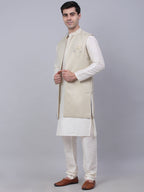 Jompers Men's Solid Kurta Pyjama With Shrug Jacket - Beige | Grocsy