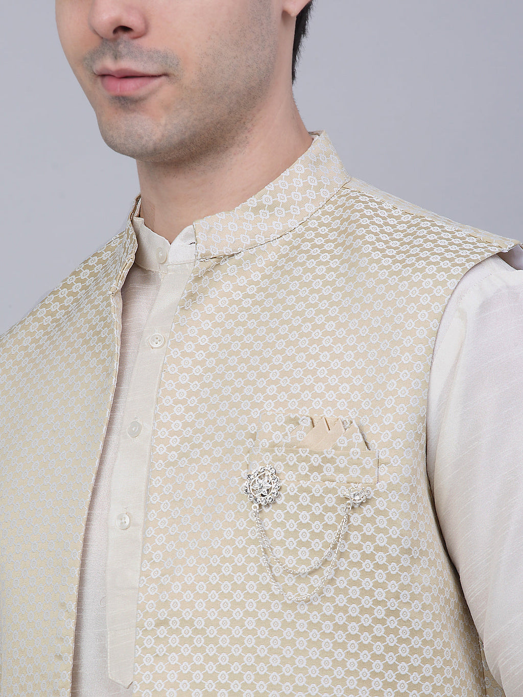 Jompers Men's Solid Kurta Pyjama With Shrug Jacket - Beige | Grocsy