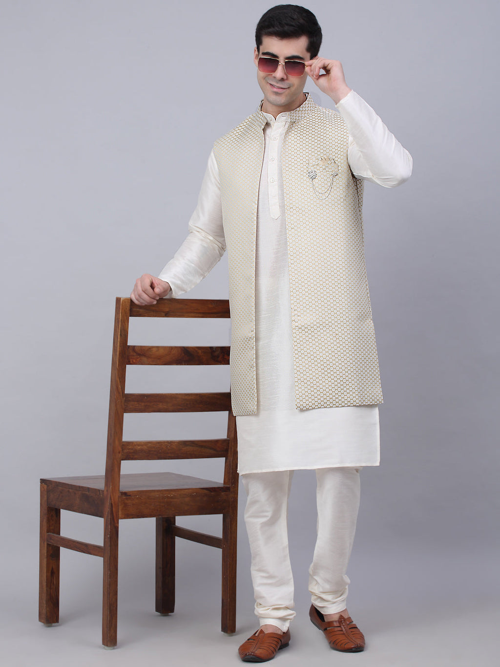 Jompers Men's Solid Kurta Pyjama With Shrug Jacket - Beige | Grocsy