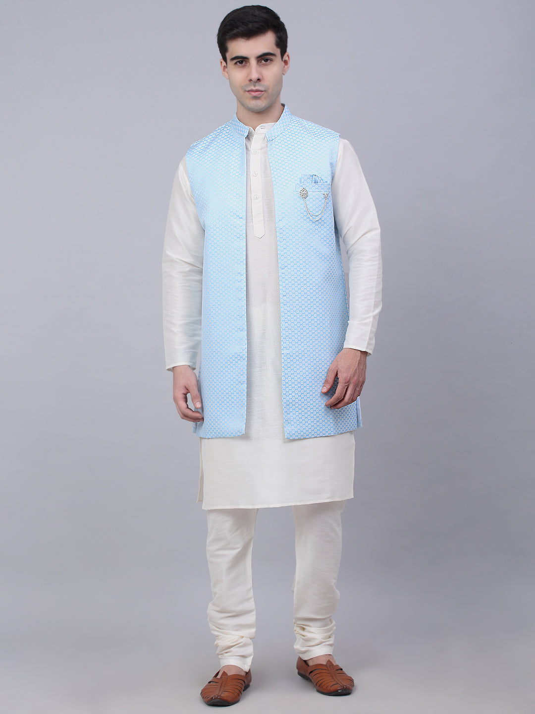 Jompers Men's Solid Kurta Pyjama With Shrug Jacket - Blue | Grocsy