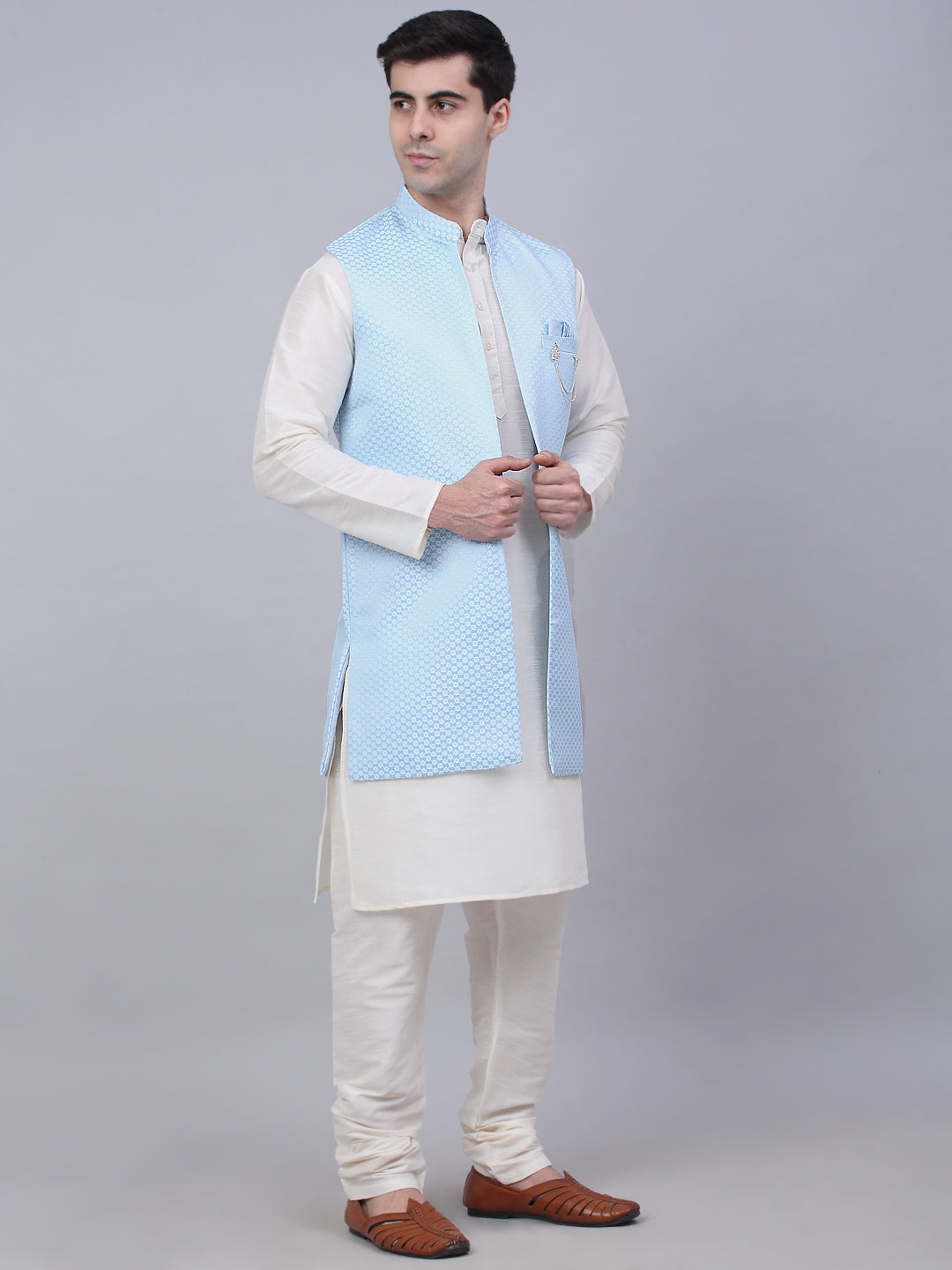 Jompers Men's Solid Kurta Pyjama With Shrug Jacket - Blue | Grocsy