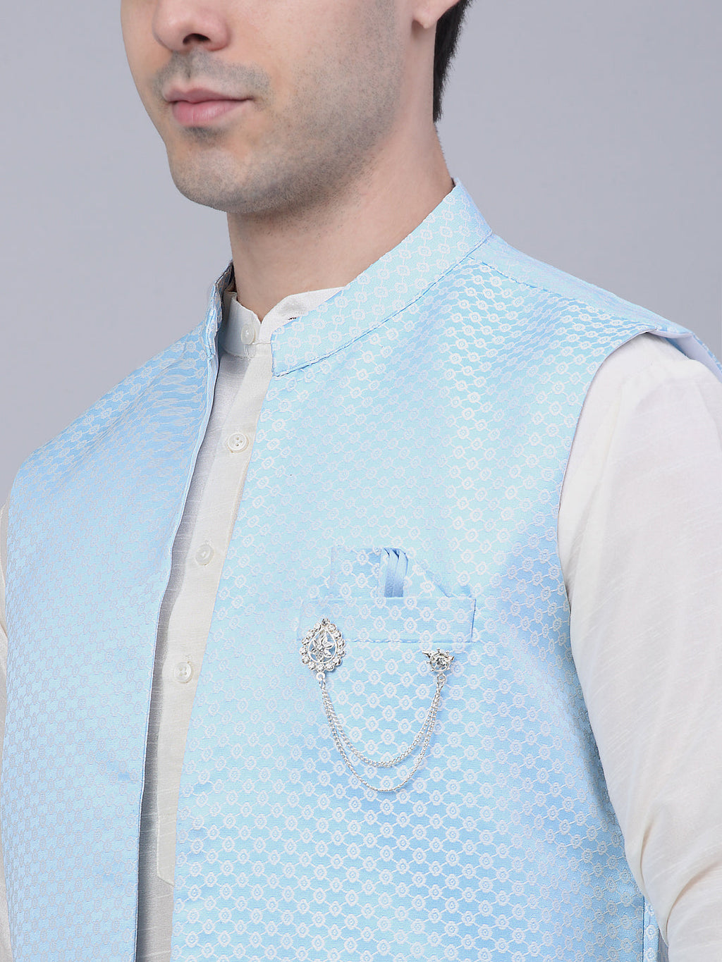 Jompers Men's Solid Kurta Pyjama With Shrug Jacket - Blue | Grocsy