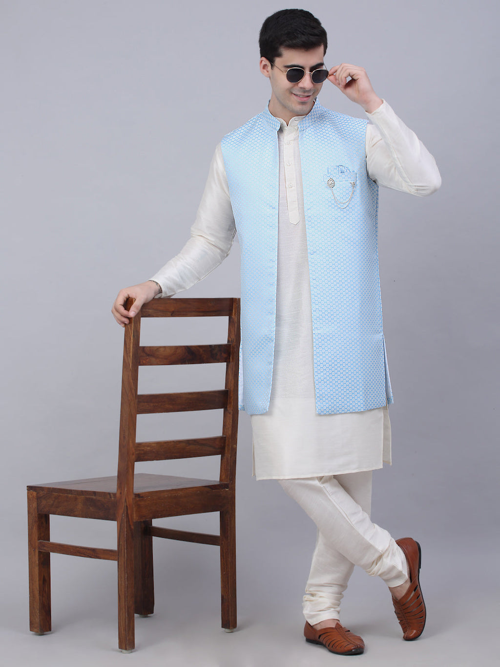 Jompers Men's Solid Kurta Pyjama With Shrug Jacket - Blue | Grocsy